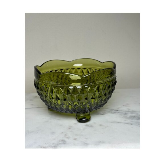 Vintage Indiana Glass Diamond Point Bowl, Avocado Green Footed Candy Dish, Mid-C - Picture 6 of 6